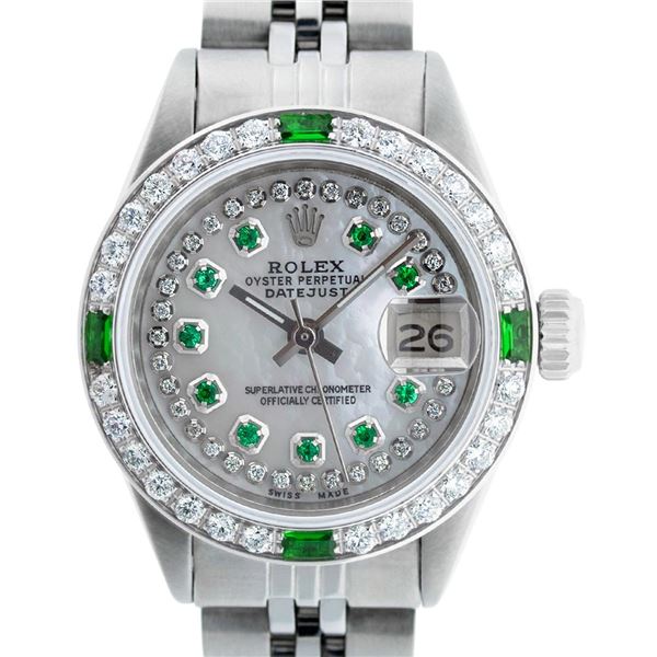 Rolex Ladies Stainless Steel MOP Emerald & Diamond Datejust Wristwatch