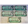 SET OF 5 1967 CND ONE DOLLAR BILLS UNCIRCULATED