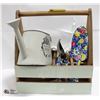 Image 1 : GARDENING KIT CONTAINS WOODEN TOOLBOX, TROWEL SHEARS AND GLOVES.