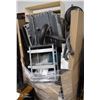 Image 1 : PALLET OF ASSORTED OFFICE FURNISHINGS INCLUDES STOOLS, SHELVING MINI FRIDGE, 4 DRAWER FILING CABINET
