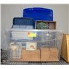 Image 1 : TOTE OF STORAGE ITEMS - TOTE IS 19.5 X 13.5 INCHES ITEMS INCLUDE BAMBOO CANISTERS; 2 X PLASTIC BINS;