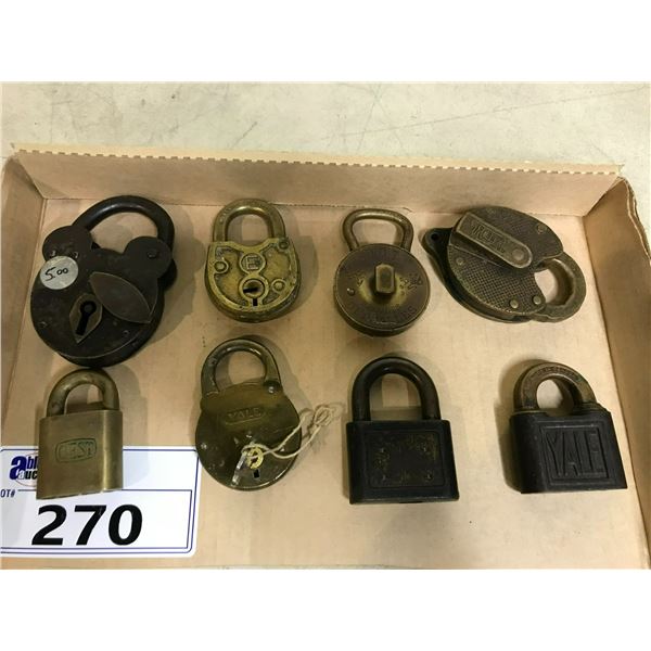 ASSORTED VINTAGE AND ANTIQUE LOCKS BRAND INCLUDE; YALE, MILLER, TITAN AND MORE