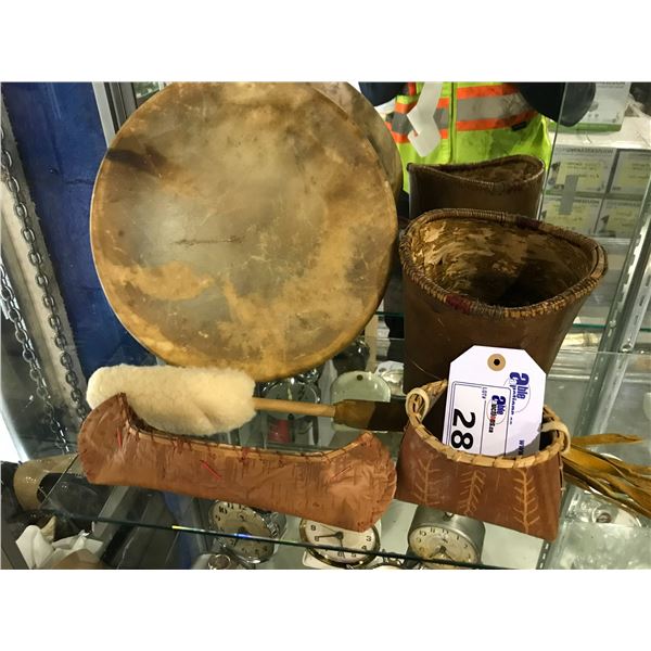 3 HANDMADE BIRCHWOOD ITEMS (SMALL BASKETS AND CANOE) AND FIRST NATIONS DRUM