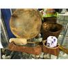 Image 1 : 3 HANDMADE BIRCHWOOD ITEMS (SMALL BASKETS AND CANOE) AND FIRST NATIONS DRUM