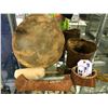 Image 2 : 3 HANDMADE BIRCHWOOD ITEMS (SMALL BASKETS AND CANOE) AND FIRST NATIONS DRUM