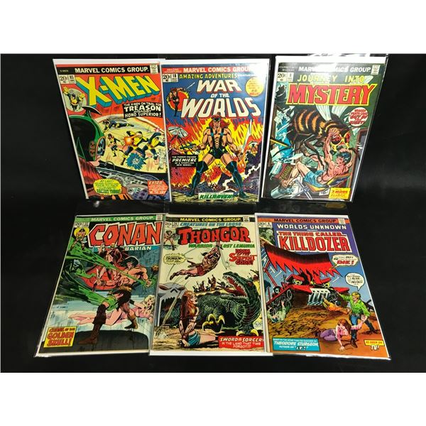 6 ASSORTED MARVEL 20 CENT COMIC BOOKS TITLES INCLUDE; WAR OF THE WORLDS, X-MEN, THONGOR, CONAN THE