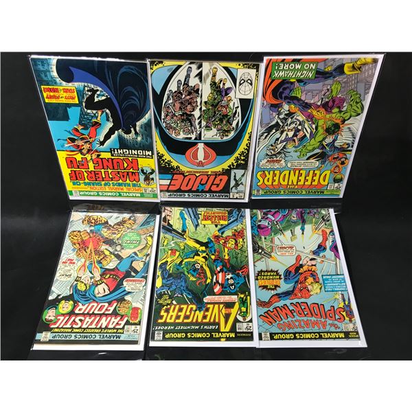 6 ASSORTED MARVEL COMIC BOOKS FACE VALUES ARE 20 CENT, 25 CENT AND 60 CENT, TITLES INCLUDE; THE