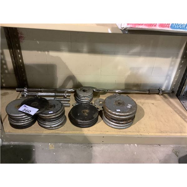 EZ CURL BAR, 4 SINGLE HAND BARS, SPIN CLIPS FOR THE BARS, AND ASSORTED