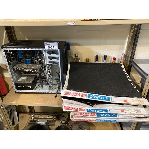 COMPUTER TOWER (NO HARD DRIVE) AND 4 PACKS OF INTERLOCKING VINYL FLOOR AND WALL TILE BLACK