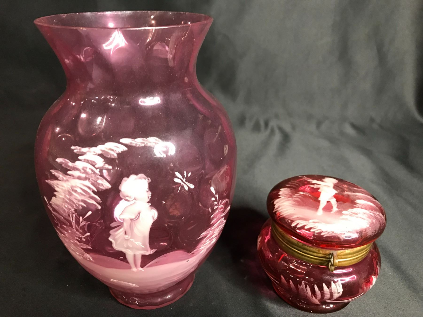 2 ANTIQUE MARY GREGORY RUBY GLASS PIECES (VASE AND CONTAINER) - Able ...