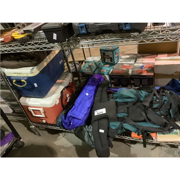 ASSORTED CAMPING SUPPLIES; COOLER, BACKPACK, ROLLING MATS AND MORE