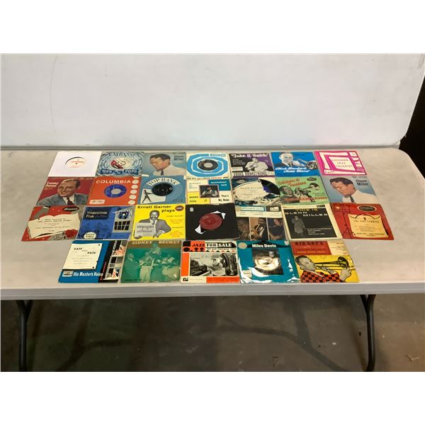 ASSORTED 45 RPM VINYL RECORDS ARTISTS INCLUDE LOUIS ARMSTRONG, GLENN MILLER, TOMMY DORSEY, THE FIVE