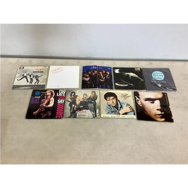 ASSORTED 45 AND 33-1/3RPM VINYL RECORDS MOSTLY LIMITED EDITION  ARTISTS INCLUDE VIXEN, U2, GENESIS,