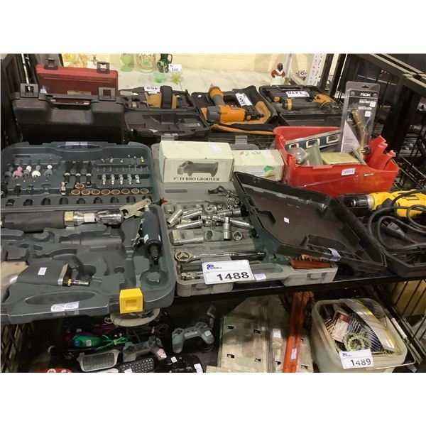 ASSORTED TOOLS INCLUDING; MASTERCRAFT AIR WRENCH KIT (MAY BE MISSING PIECES), DEWALT DRILL,