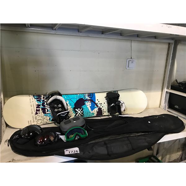 RIDE 157 SNOWBOARD WITH BINDINGS DAKINE BAG AND 3 SETS OF GOGGLES