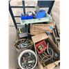 Image 2 : ROLLING PUSH CART WITH CONTENTS INCLUDING; ASSORTED HARDWARE, WATER PIPE, EXTENSION CORDS & MORE