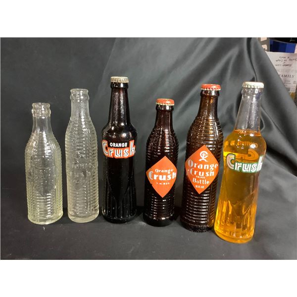 6 VINTAGE ORANGE CRUSH BOTTLES, SOME FULL