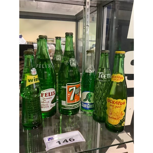 6 ASSORTED VINTAGE BOTTLES ALL FULL, BRANDS INCLUDE; 7-UP, FELIX, CANADA DRY, TEEM, SUNCREST,
