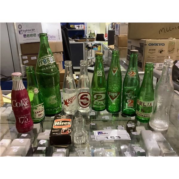 ASSORTED VINTAGE BOTTLES BRANDS INCLUDE; FELIX, FRESCA, NORTH STAR, CANADA DRY, COKE, SIX SICKS AND