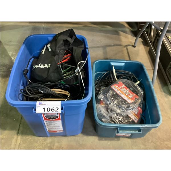 2 BINS OF ASSORTED AUDIO CABLES INCLUDING; 3 PIN INSTRUMENT CABLES, GUITAR CABLES, POWER CABLES