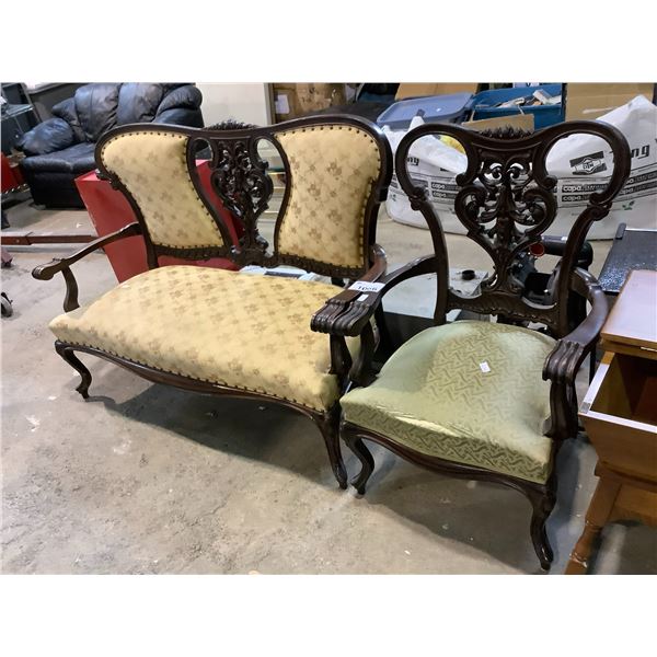 2 PIECE CARVED SOFA & CHAIR SET (CHAIR HAS TEAR IN CUSHION)