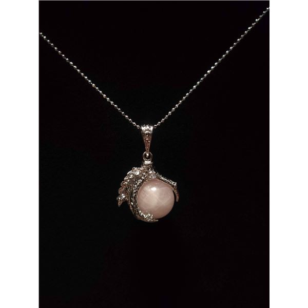 Large Rose Quartz Stone in Heavy Stainless Claw Necklace With 3 Rhinestones, 925 Stamp .