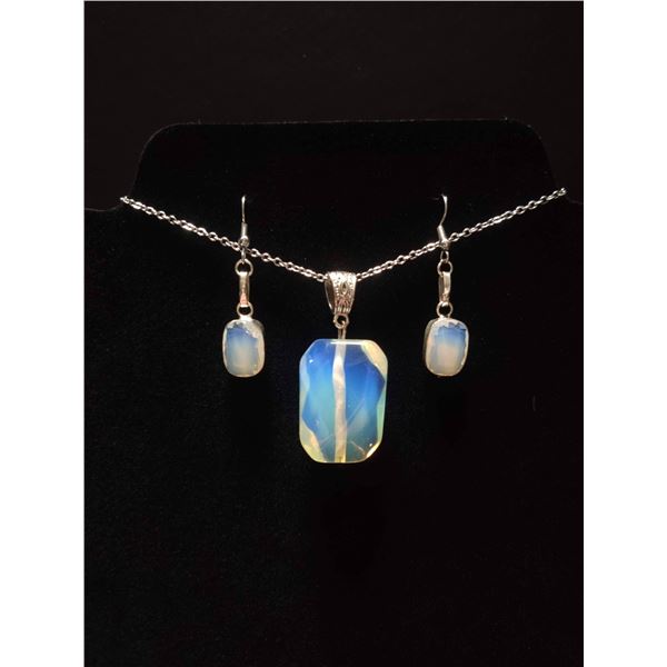 Milk Opaline Pendant & Matching Earrings Set in 925 Sterling Silver & Chain.