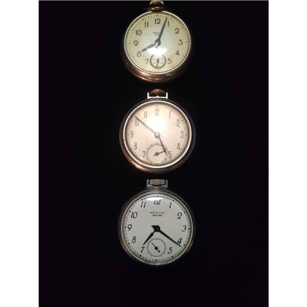 Three Various, Vintage Westclox Pocket Watches, made in Canada (2 pocket Bens & a pocket Dax.)