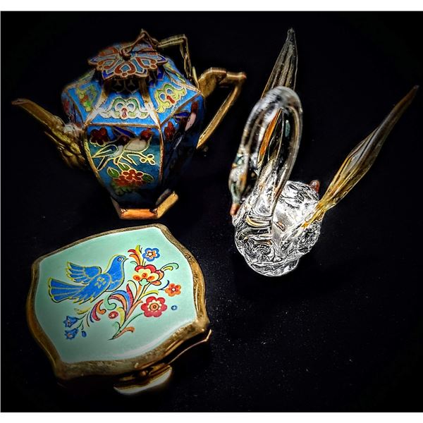 Birds of a Feather! Collectible Vintage Cloisonné Mini Teapot & Vintage Stratton English Pill Box.