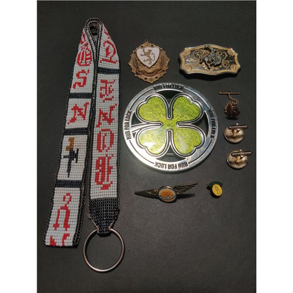 Belt Buckles Griffin Metal Pendant, Cuff Links, Vintage Pins, Tie Clip & a Rare, Beaded Bone