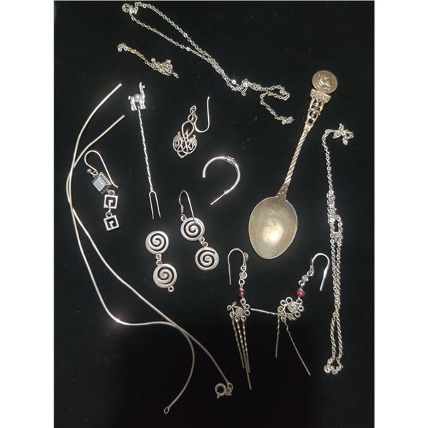 Sterling Silver Bits, Including an Alpaca Pick, Earrings & a Spoon from Greece.