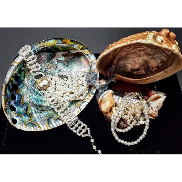 She Sells Sea Shells! Two Genuine Beautiful Abalone Shells with Faux Pearls