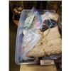 Image 2 : TOTE OF SEWING SUPPLIES, FABRIC AND LEATHER STRAPPING
