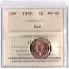 Image 1 : 1952 Canadian Small Cent ICCS Graded MS-64 RED