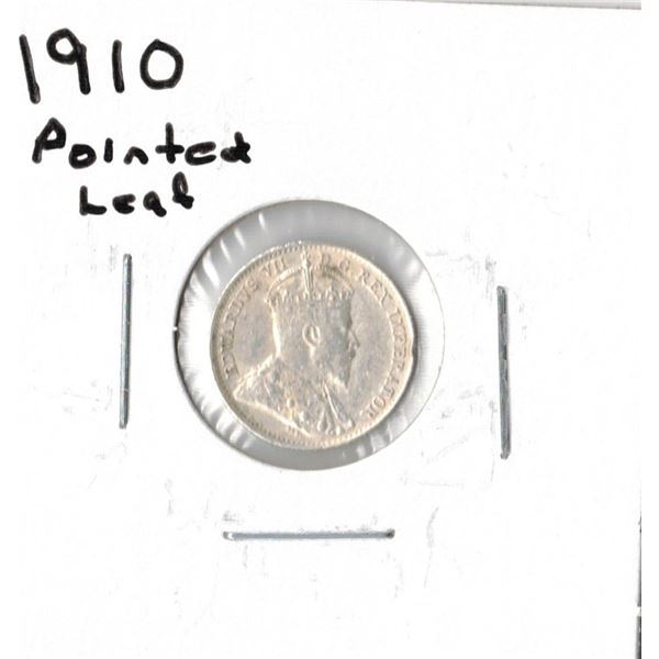 1910 Canadian Silver Five Cent - Pointed Leaf