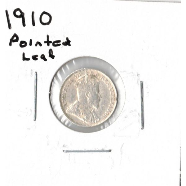 1910 Canadian Silver Five Cent - Pointed Leaf