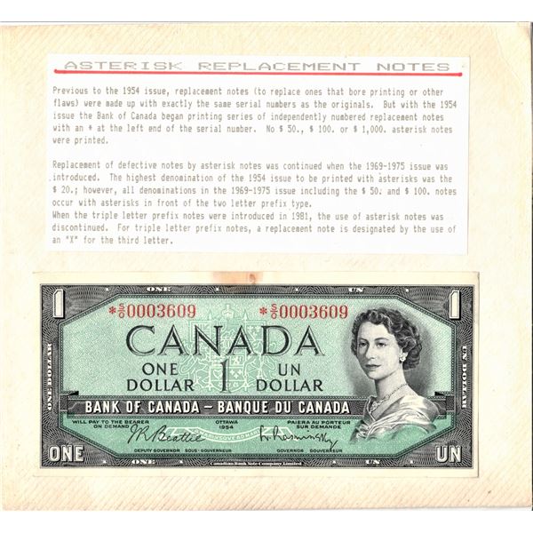 1954 Canadian One Dollar Bill - Asterisk Replacement Note