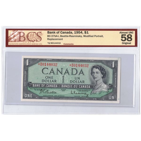 1954* Canadian One Dollar Bill - Replacement Note BCS Graded AU-58