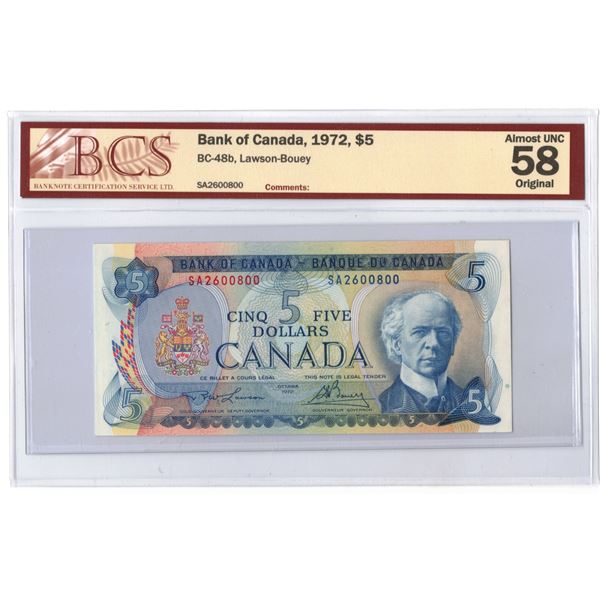 1972 Canadian Five Dollar Bill - BSC Graded AU-58