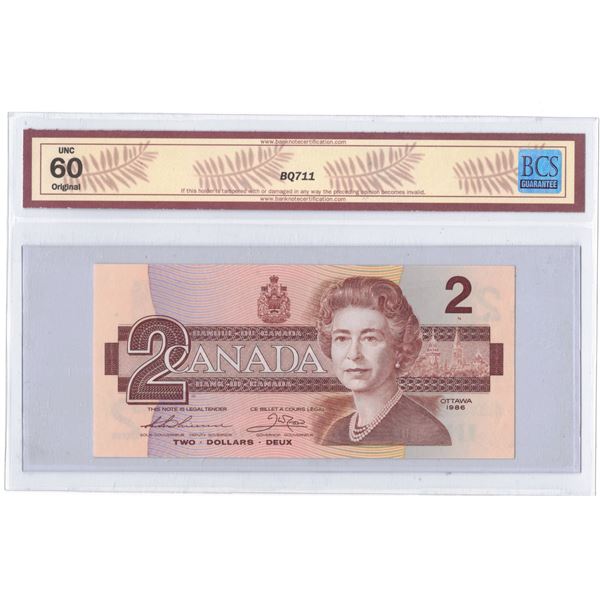 1986 Canadian Two Dollar Note - BCS Graded UNC-60