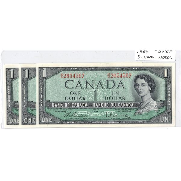 Three Consecutive 1954 Canadian One Dollar Bank Notes - Uncirculated