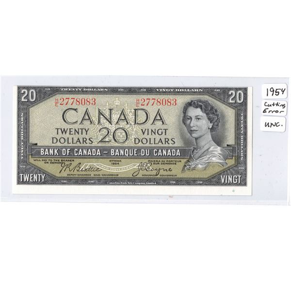 1954 Canadian Twenty Dollar Bank Note - Cutting Error