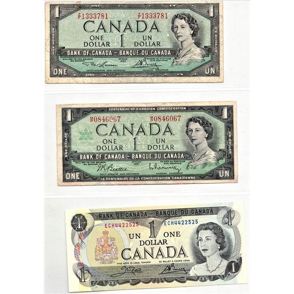 Page of Three Canadian Bank Notes - 1954 One Dollar Bill, 1967 One Dollar Bill, 1973 One Dollar Bill