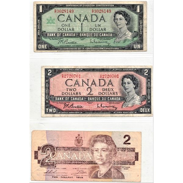 Page of Three Canadian Bank Notes - 1967 One Dollar Bill, 1954 Two Dollar Bill, 1986 Two Dollar Bill