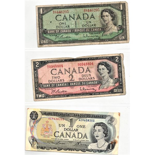 Page of Three Canadian Bank Notes - 1954 One Dollar Bill, 1954 Two Dollar Bill, 1973 One Dollar Bill