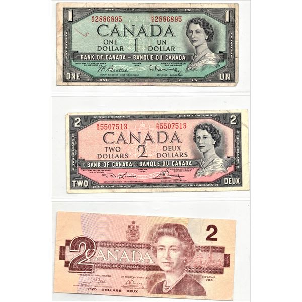 Page of Three Canadian Bank Notes - 1954 One Dollar Bill, 1954 Two Dollar Bill, 1986 Two Dollar Bill