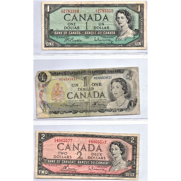 Page of Three Canadian Bank Notes - 1954 One Dollar Bill, 1973 One Dollar Bill, 1954 Two Dollar Bill