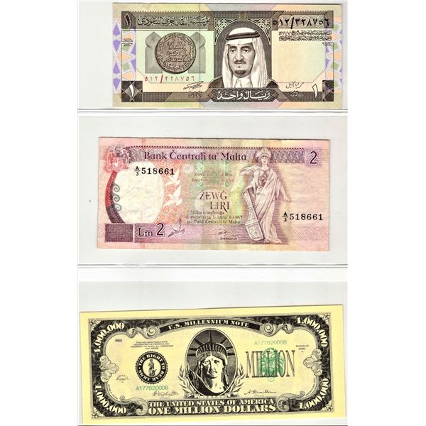 Page of Three Foreign Bank Notes - USA "One Million" Dollar Bill, Bank of Malta, Saudi Arabia