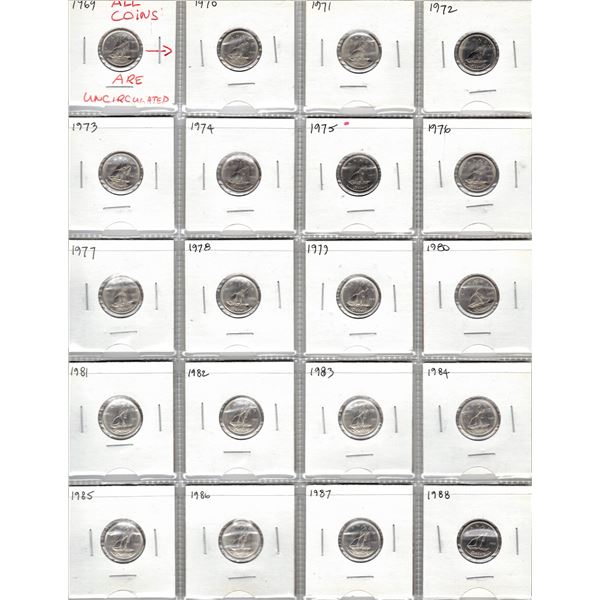 Collection of Canadian Ten Cent Coins - 1969-1988 UNC