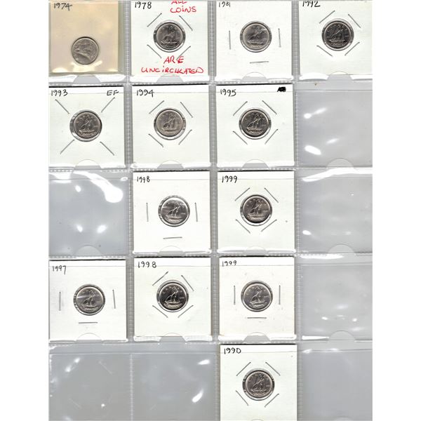 Collection of Canadian Ten Cent Coins - 1974-1990 UNC